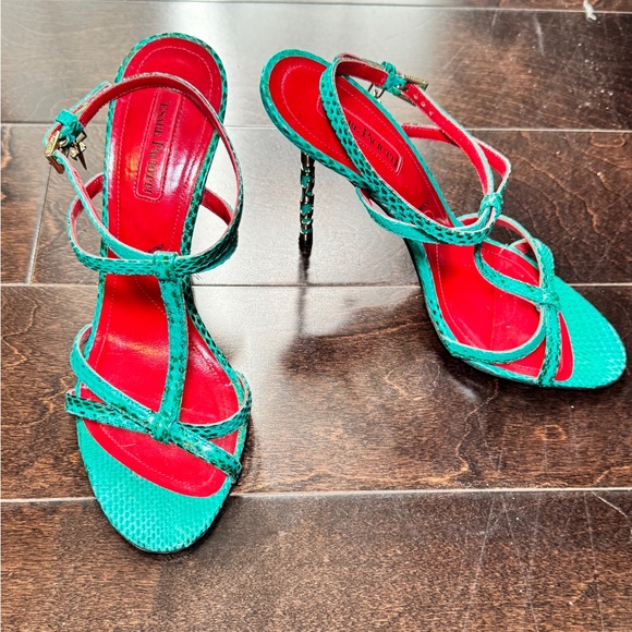 Cesare Paciotti snake skin turquoise high heel sandals